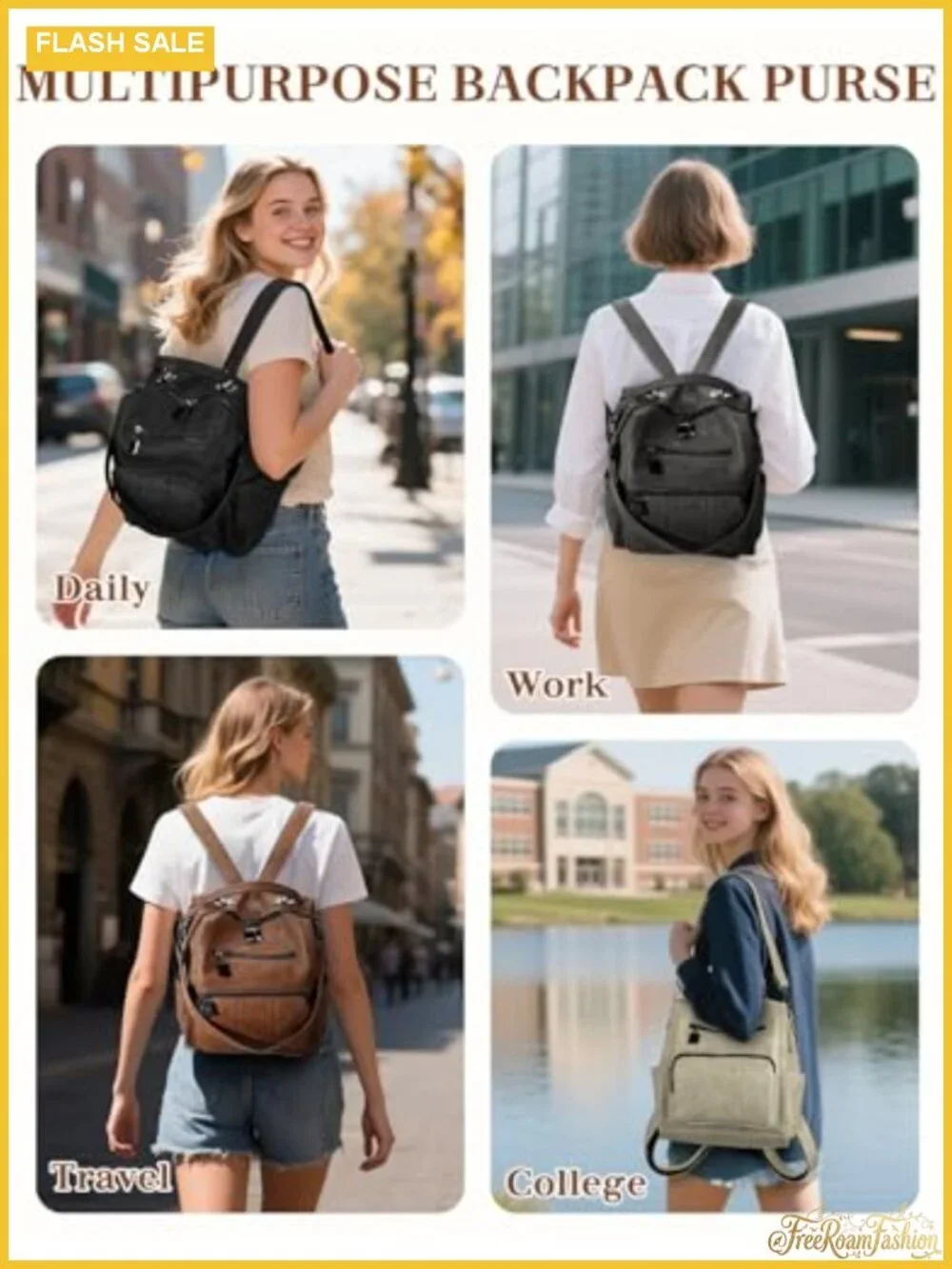 Women's vegan leather 3-way carry convertible fashion backpack handbag